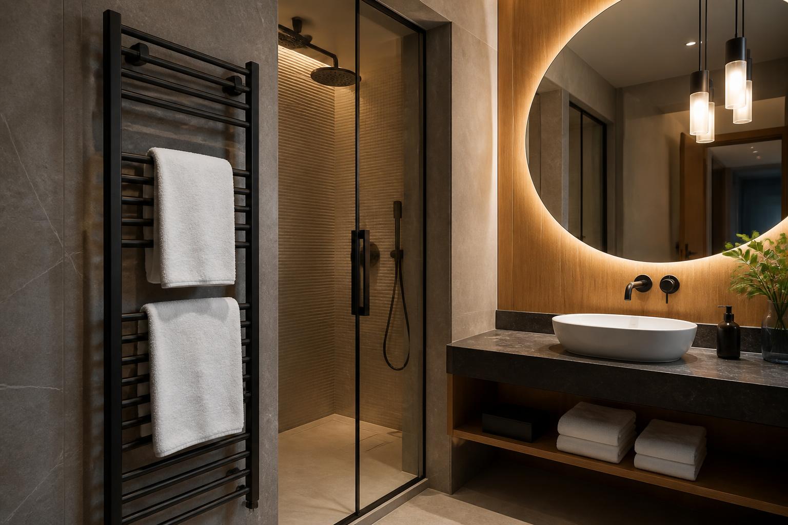 Toalheiro aquecido Thermo instalado em banheiro de hotel contemporâneo.
