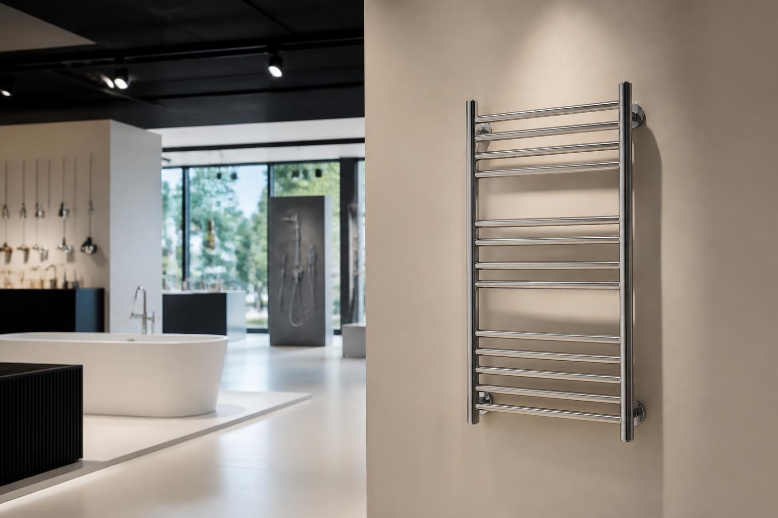 Toalheiro Thermo apresentado em showroom de metais e acabamentos.
